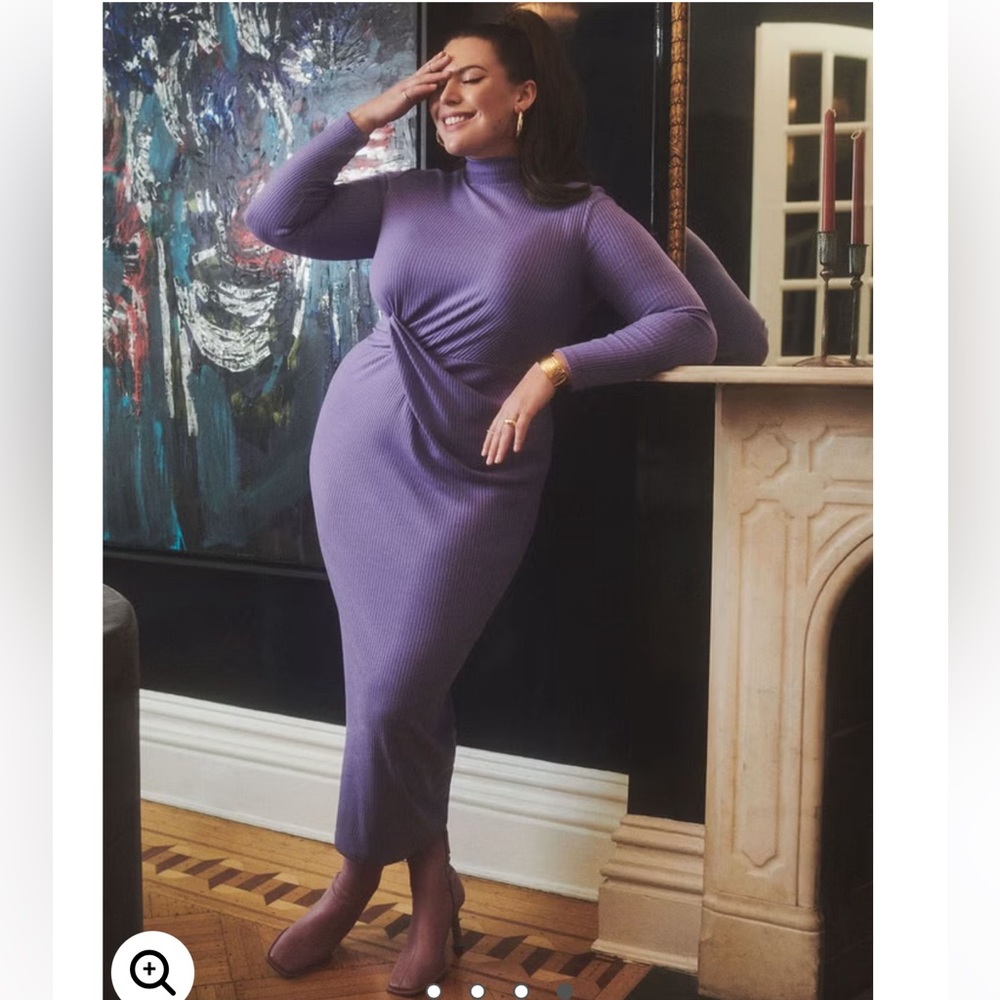 Eloquii Twist Detail Ribbed Mockneck Midi Dress in Purple Size 18/20
